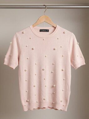 Zara Knit Pearl Embellished Short Sleeve Sweater Pastel Pink Coquette Small
